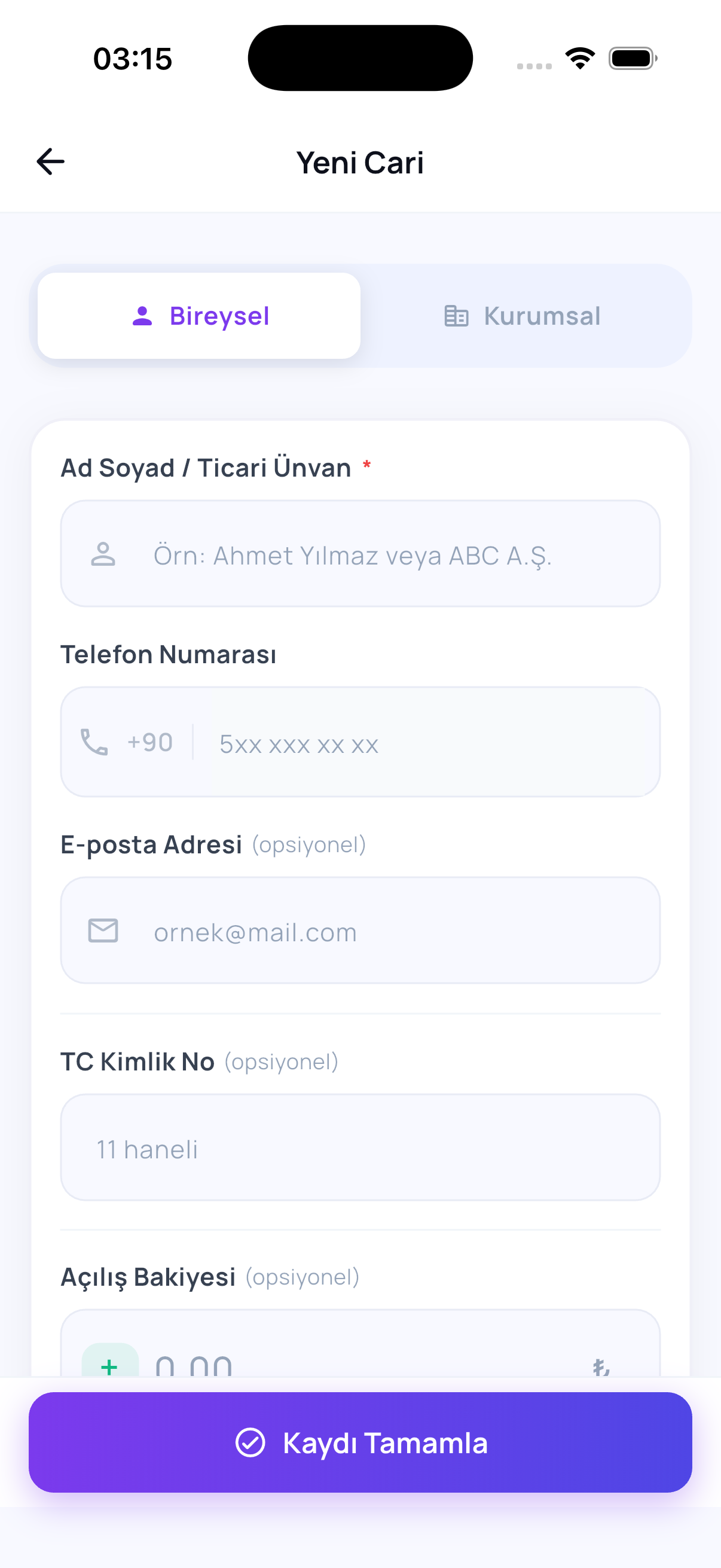 Cari kişi ve adres ekranı