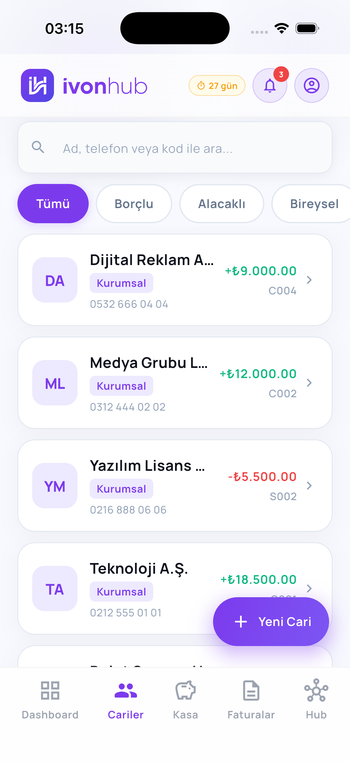 Cari liste ekranı