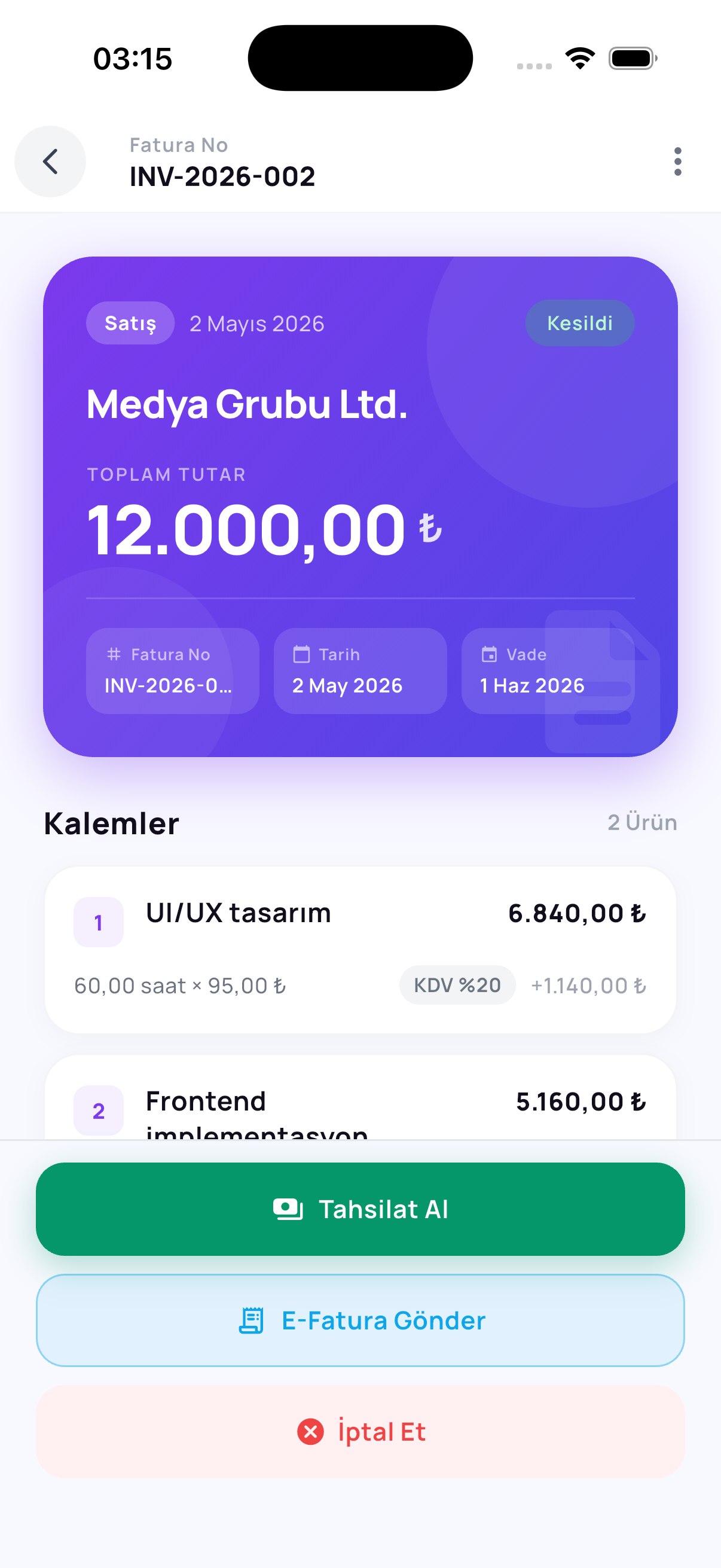Fatura detay ekranı