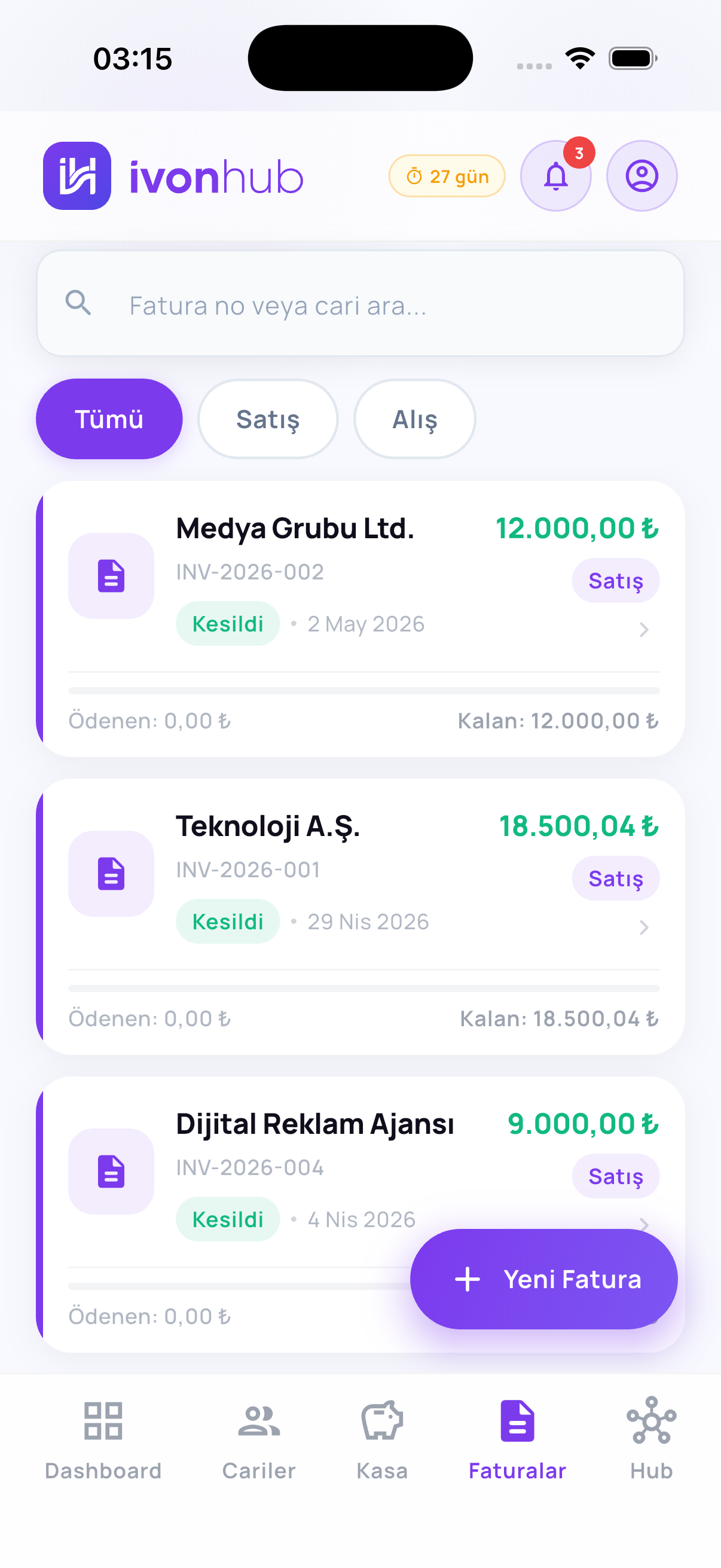 Fatura liste ekranı