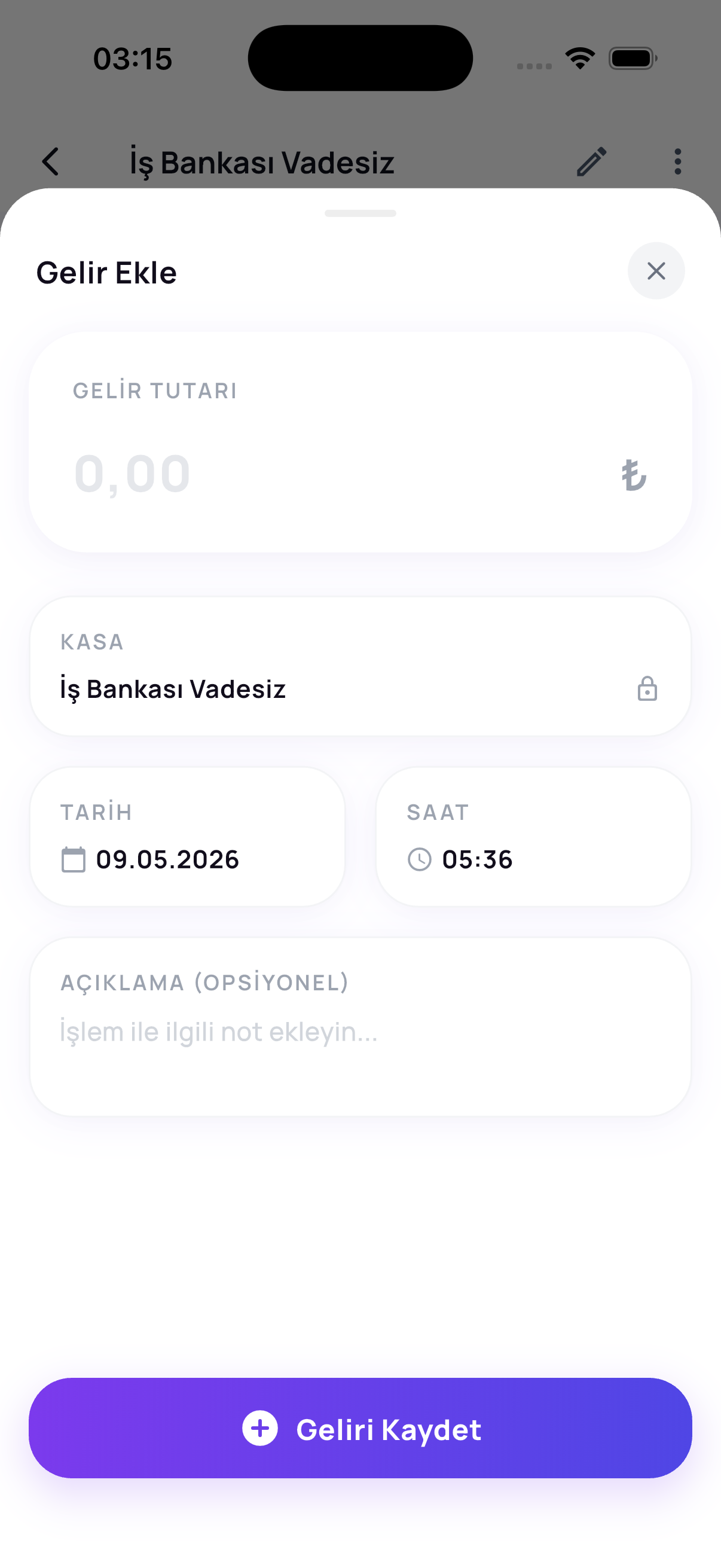Gelir ekleme ekranı