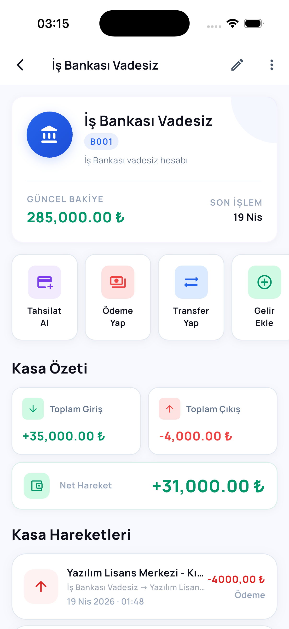 Kasa detay ekranı