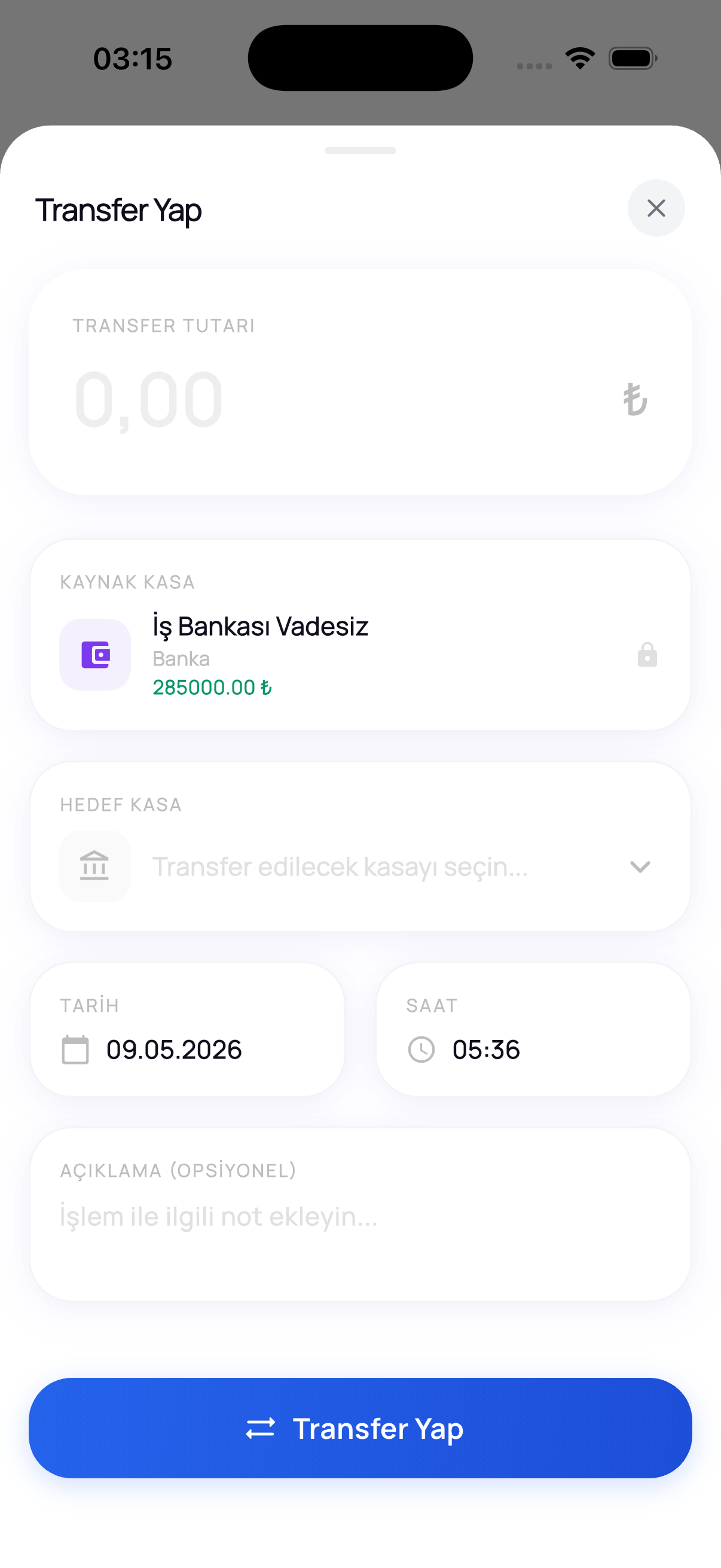Kasa transfer ekranı