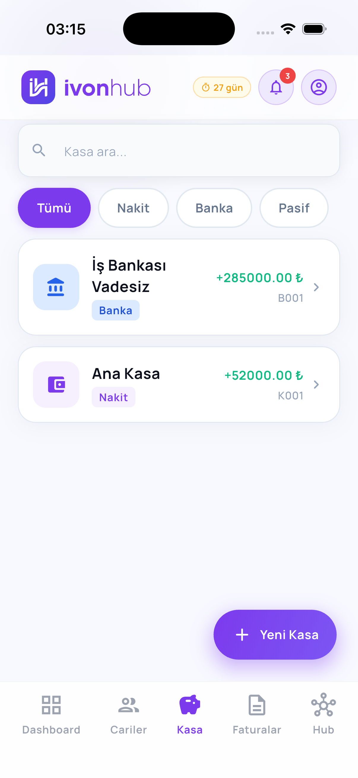 Kasa yönetimi ekranı