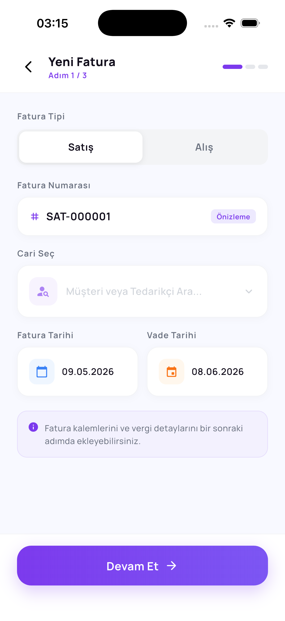 Yeni Fatura ekranı