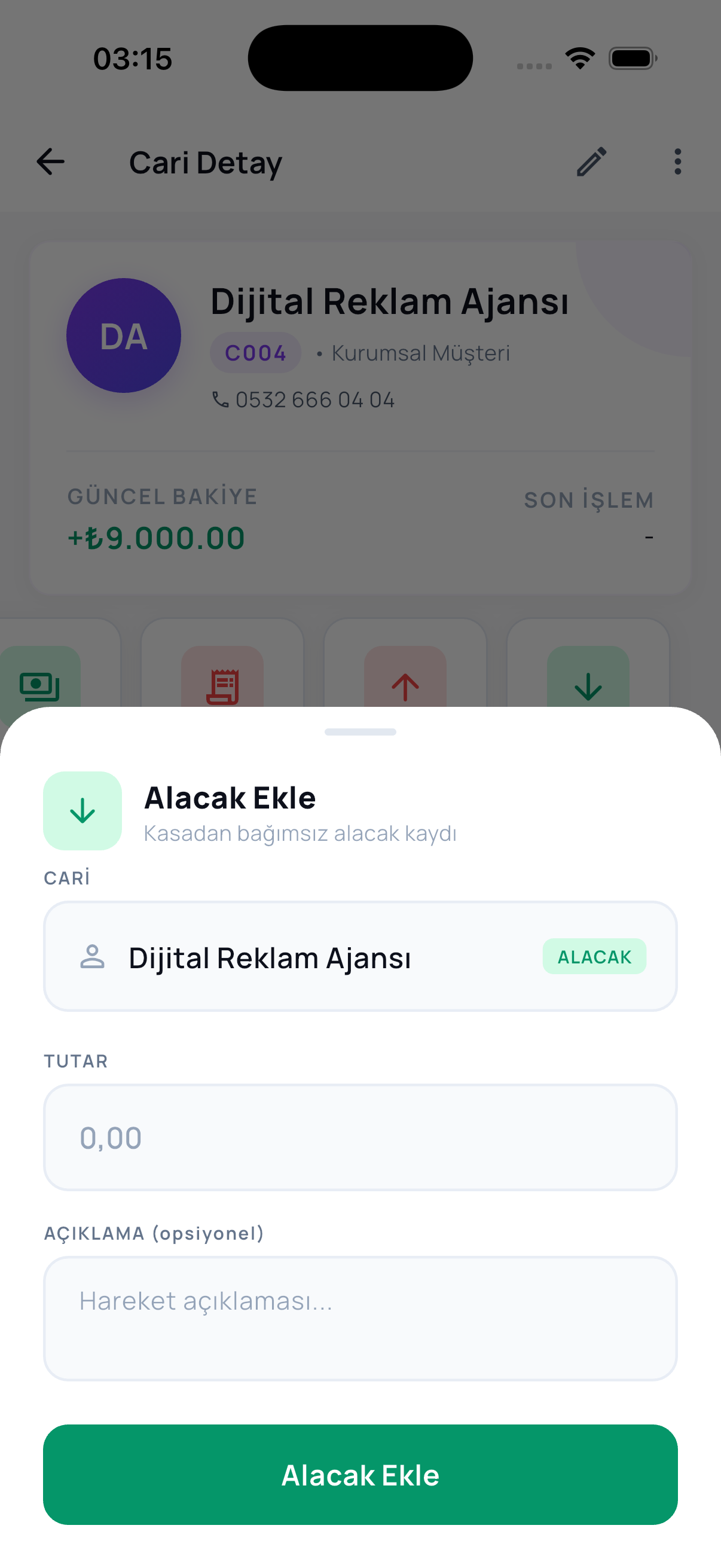 Alacak Ekle ekranı