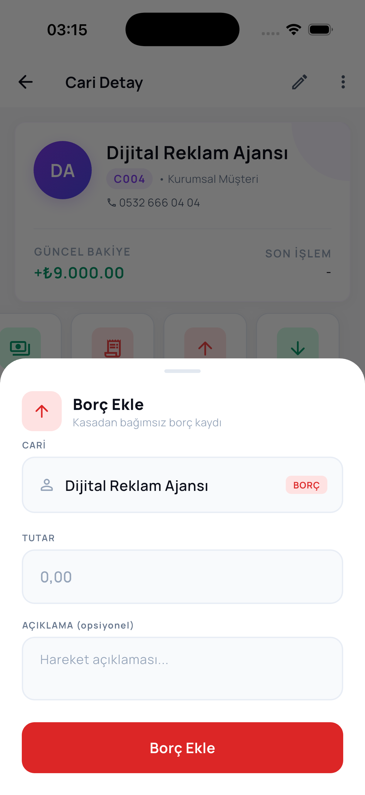 Borç Ekle ekranı